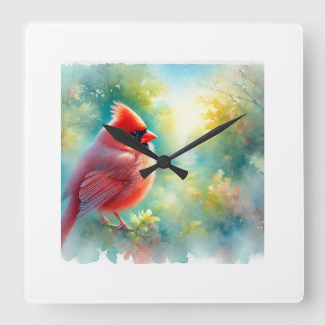 Cardinal Bird 300924AREF135 - Watercolor Fyrkantig Klocka (Framsida)