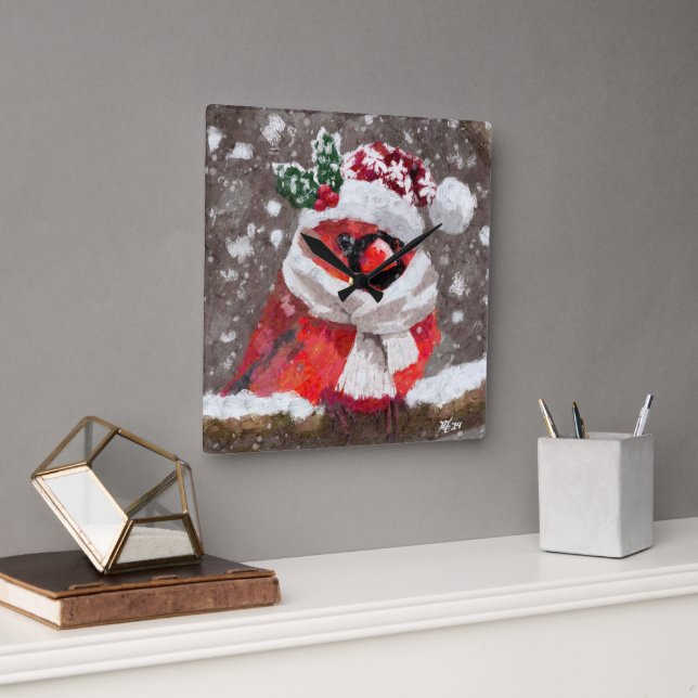 Cardinal Bird Scarf & Hat in Snow Christmas Fyrkantig Klocka (Kontor)