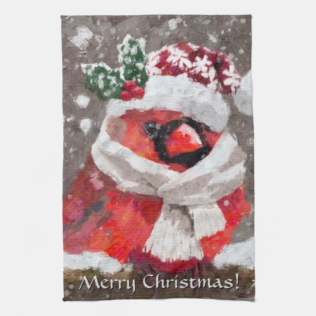 Cardinal Bird Scarf & Hat in Snow Christmas Kökshandduk (Vertikal)