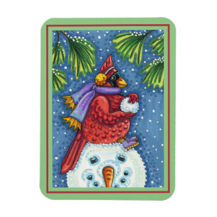 CARDINAL GUARDING SNÖGUBBE, CUTE CHRISTMAS REDBIRD MAGNET