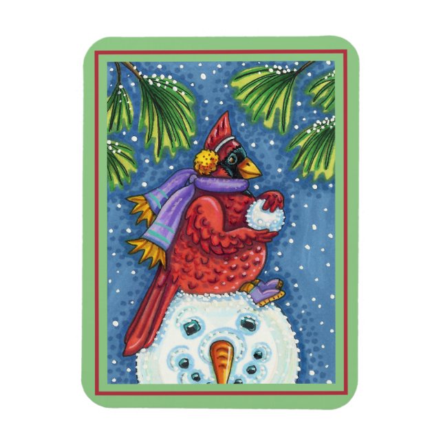 CARDINAL GUARDING SNÖGUBBE, CUTE CHRISTMAS REDBIRD MAGNET (Vertikal)