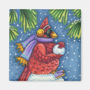 CARDINAL GUARDING SNÖGUBBE, CUTE CHRISTMAS REDBIRD MAGNET
