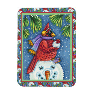 CARDINAL GUARDING SNÖGUBBE, CUTE CHRISTMAS REDBIRD MAGNET