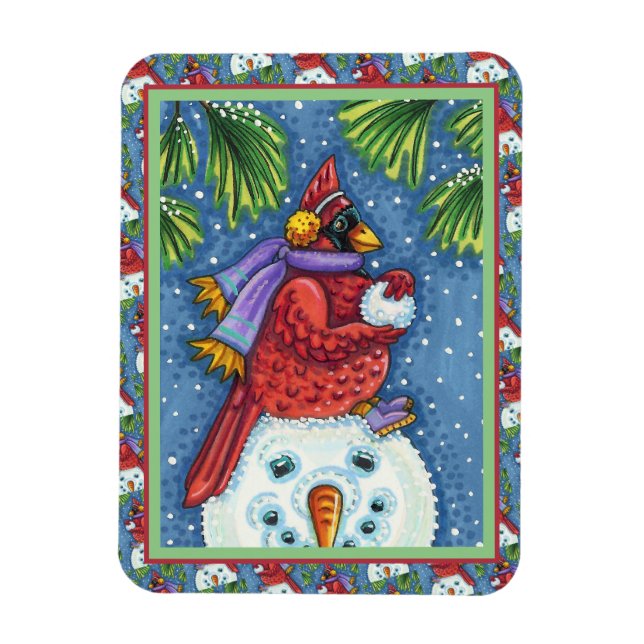 CARDINAL GUARDING SNÖGUBBE, CUTE CHRISTMAS REDBIRD MAGNET (Vertikal)