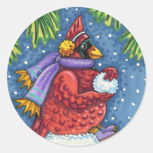 CARDINAL GUARDING SNÖGUBBE, CUTE CHRISTMAS REDBIRD RUNT KLISTERMÄRKE