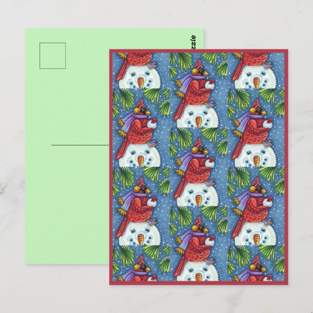 CARDINAL GUARDING SNÖGUBBE, CUTE CHRISTMAS REDBIRD VYKORT (Fram/baksida)