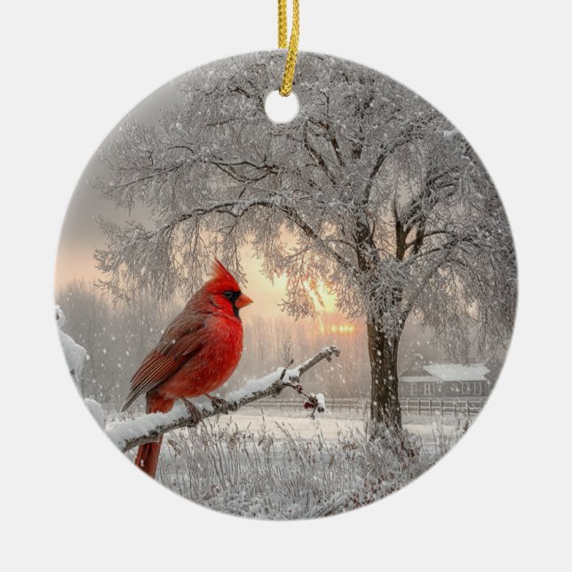 Cardinal On a Snowy Branch Ceramic Circle Ornament (Framsidan)