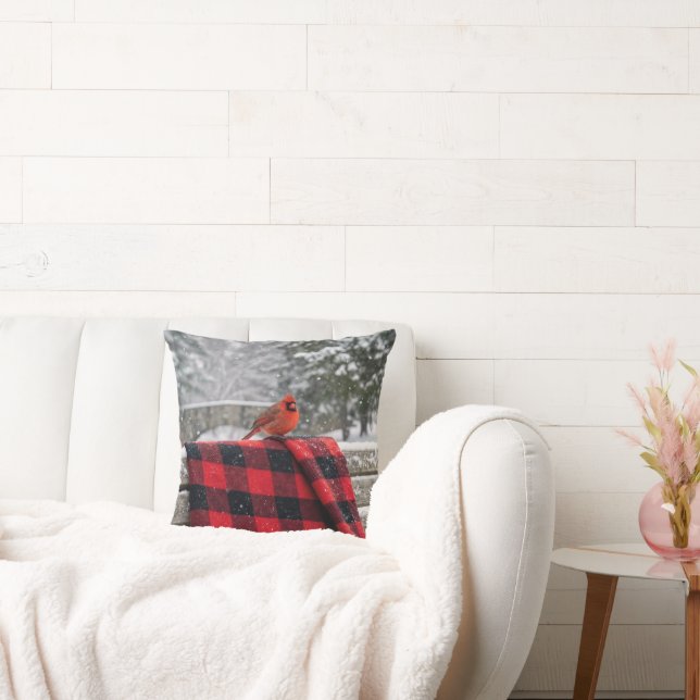 Cardinal On a Snowy Plaid Blanket Kudde (Soffa)