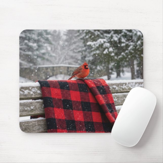 Cardinal On a Snowy Plaid Blanket Musmatta (Med mus)