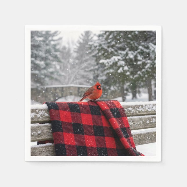 Cardinal On a Snowy Plaid Blanket Pappersservett (Framsidan)