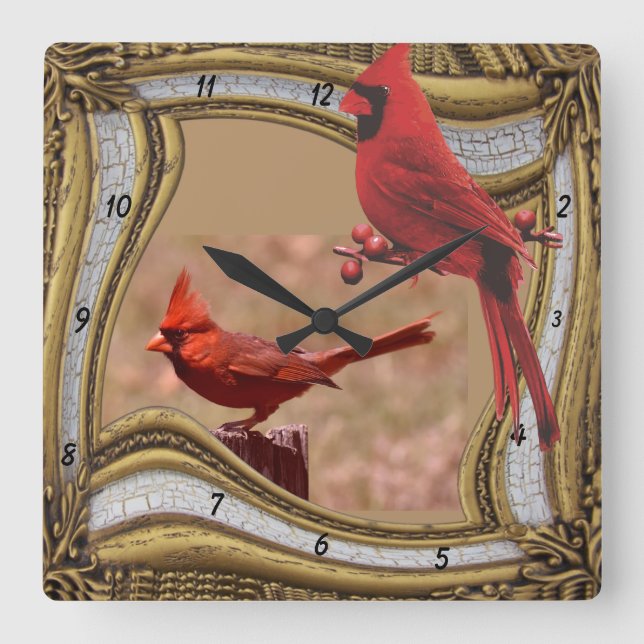 CARDINAL ON THE FRAME   SQUARE WALL CLOCK FYRKANTIG KLOCKA (Framsida)