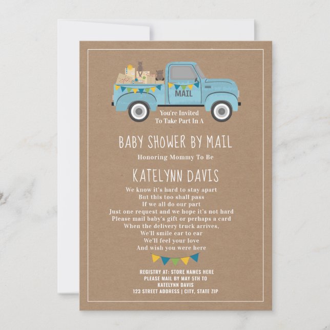 Cardstock Inspired Blue Lastbil Baby Shower by Mai Inbjudningar (Framsida)