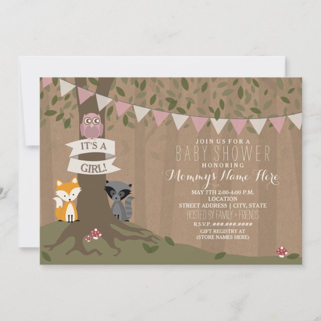 Cardstock Inspired Woodland Baby Shower - Girl Inbjudningar (Framsida)