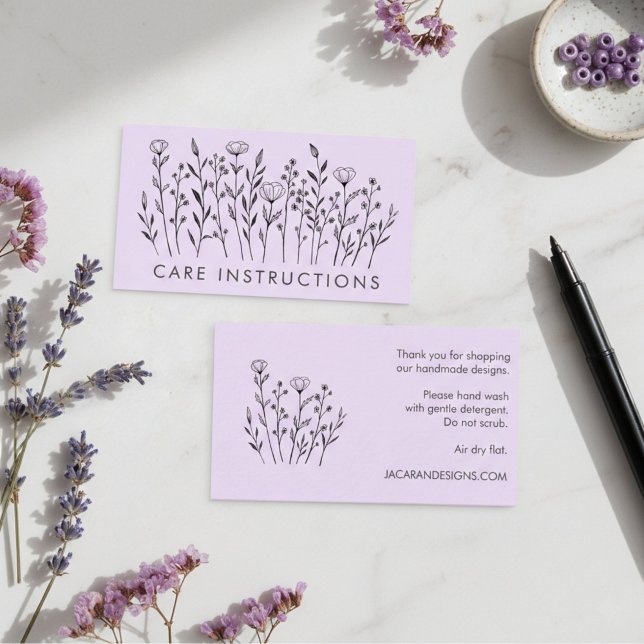 CARE INSTRUCTIONS Chic Elegant WildblomLavender Visitkort (CARE INSTRUCTIONS Chic Elegant Wildflower Lavender Business Card
)