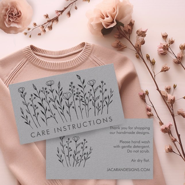 CARE INSTRUCTIONS Chic Elegant Wildblomma Luxe Visitkort (Custom "care instructions" business card with wildflower line art)