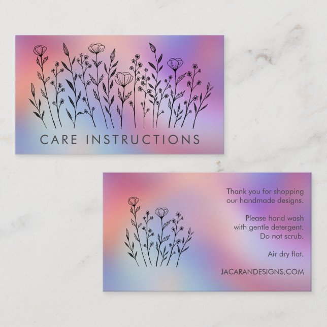 CARE INSTRUCTIONS Chic Elegant Wildflower TieDye Visitkort (Fram/baksida)