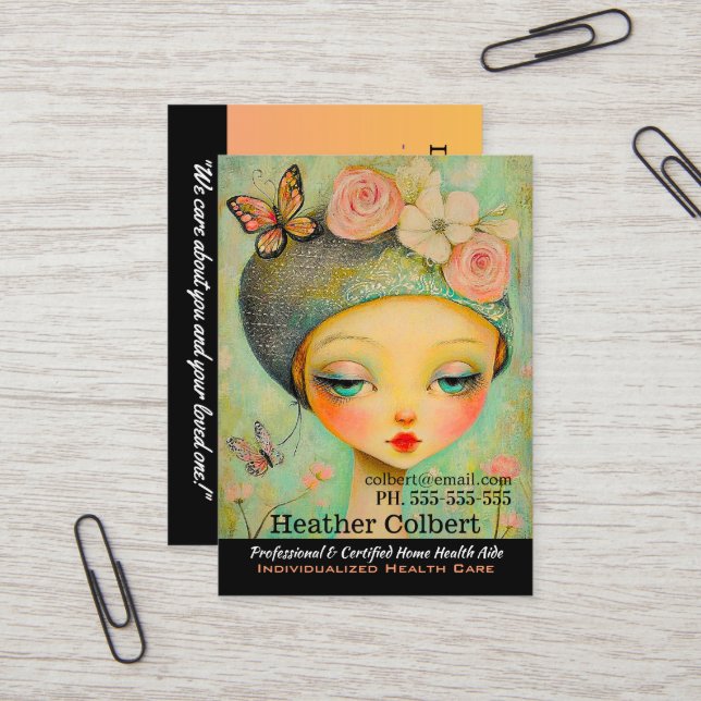 Caregiver Girl Butterfly Hat Helper Visitkort (Fram/Back In Situ)