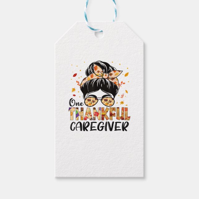 Caregiver One Thankful Messy Bun Thanksgiving Fall Presentetikett (Framsidan)