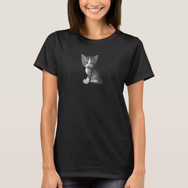 Caricature   Grey Tabby with White Kitten   Cat    T Shirt (Framsida)