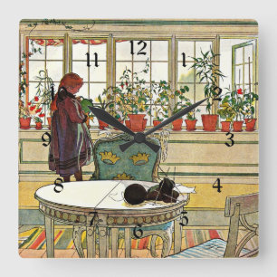 Carl Larsson - Blommor på Windows sill Fyrkantig Klocka