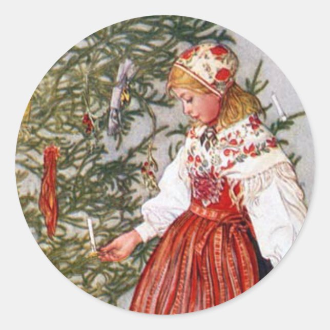 Carl Larsson Julgran Stickers Runt Klistermärke (Framsida)