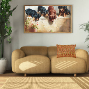 Carl Reichert Nyfiken Dachshund Puppies och a Frog Canvastryck
