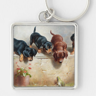 Carl Reichert Nyfiken Dachshund Puppies och a Frog Fyrkantig Silverfärgad Nyckelring