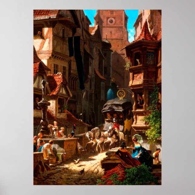Carl Spitzweg, Ankunft der Postkutsche 1859 Poster (Framsidan)