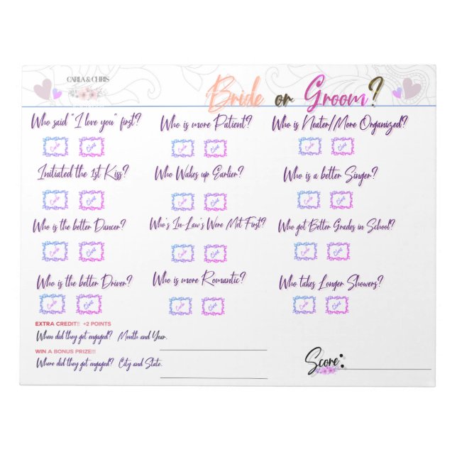 Carlas Möhippa Game "Bride eller Groom"? Anteckningsblock (Framsida)