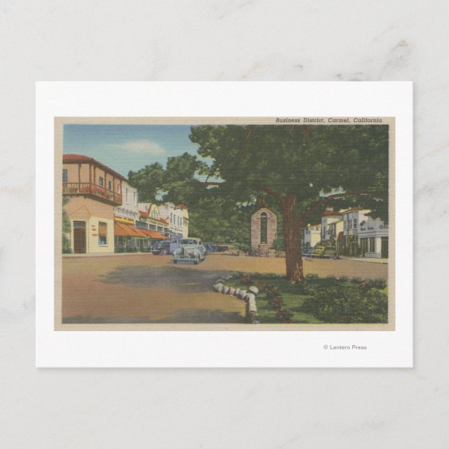 Carmel, CA - affärsdistrikt vy över stadskärnan Vykort (Framsida)