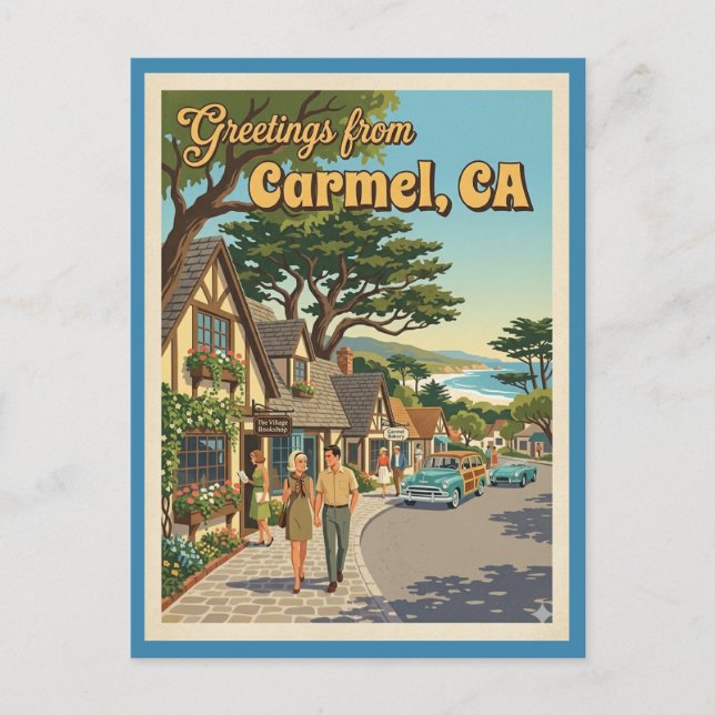 Carmel CA Hälsningar Retro Kustkalifornien Vykort (Framsida)