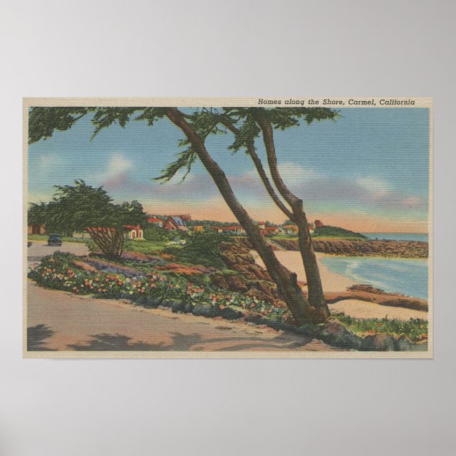 Carmel, CA - Homes längs Shore View Poster (Framsidan)