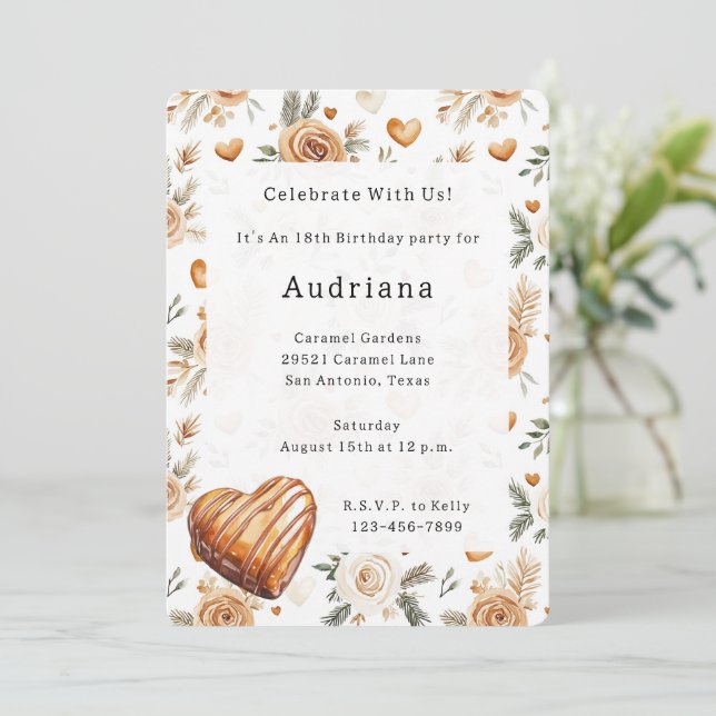 Carmel Cream Hearts Floral Caramel Birthday  Inbjudningar (Stående Fram)