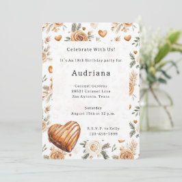 Carmel Cream Hearts Floral Caramel Födelsedag Inbjudningar