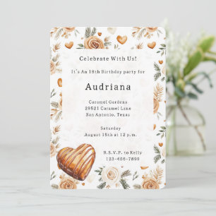 Carmel Cream Hearts Floral Caramel Födelsedag Inbjudningar