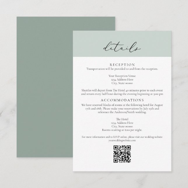 CARMEN Green Passport Style Wedding QR Detail Card Inbjudningar (Fram/baksida)