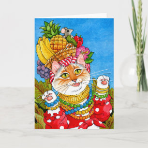 Carmen Miranda-gratulationskort för kattfödelsedag Kort