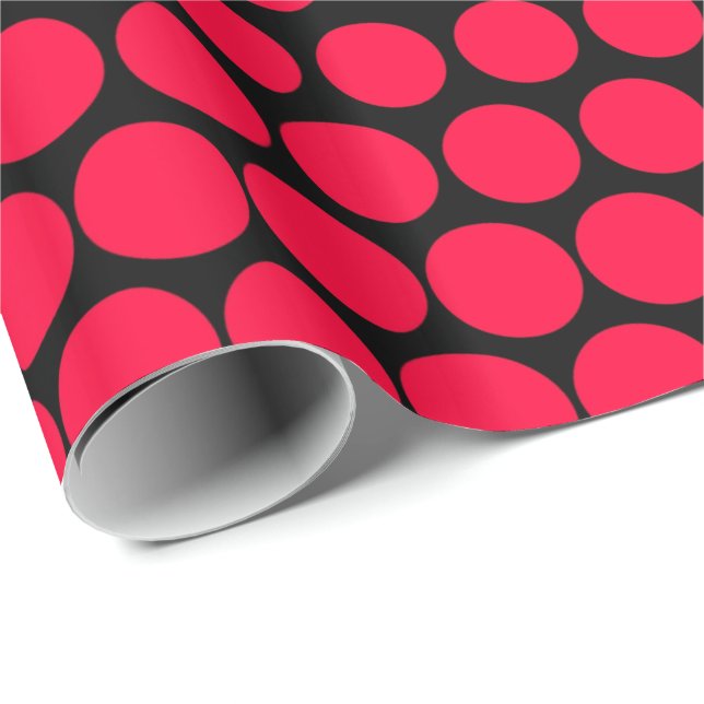 Carmine Red Polka Dot Modern Black Presentpapper (Rullad Hörn)