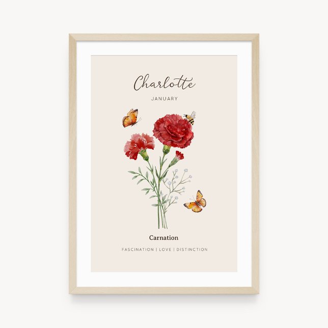 Carnation Birth Month Flower Poster (Example of carnation birth flower poster once framed. )