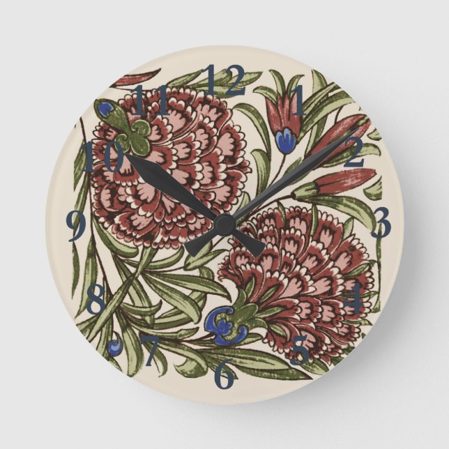 Carnation Flower Tile Antique Rustic Art Rund Klocka (Framsida)