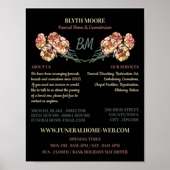 Carnation Flowers, Funeral Home, Directors Poster (Framsidan)