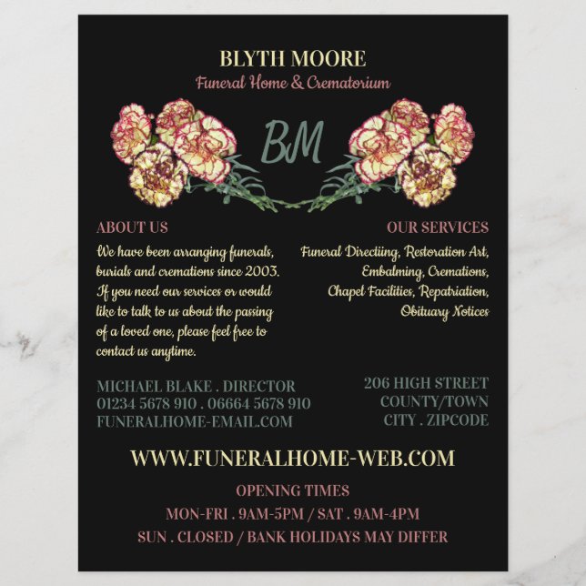 Carnation Flowers, Funeral Home, Directors Reklamblad (Framsidan)