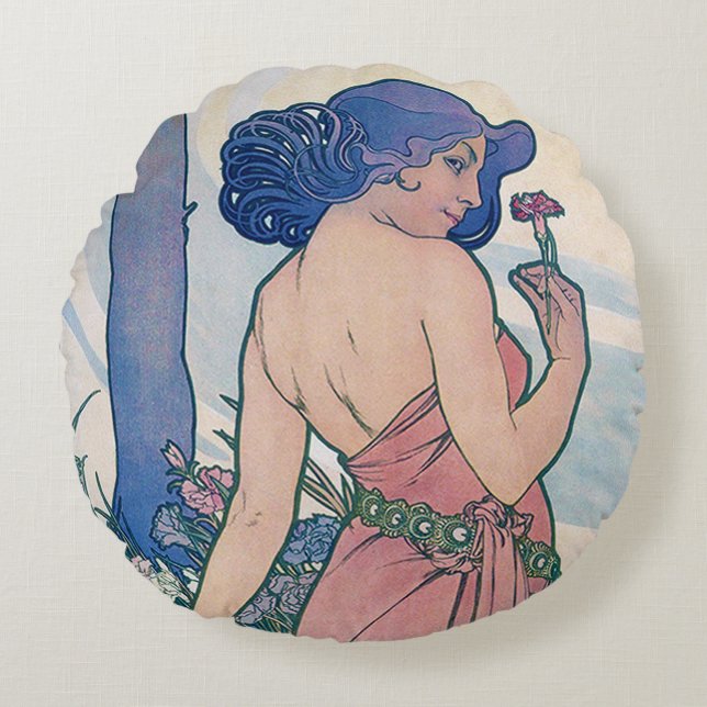 Carnation (Four Flowers), Alphonse Mucha Throw Pil Rund Kudde (Framsidan)
