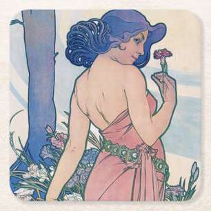 Carnation (fyra blommor), Alphonse Mucha Underlägg Papper Kvadrat