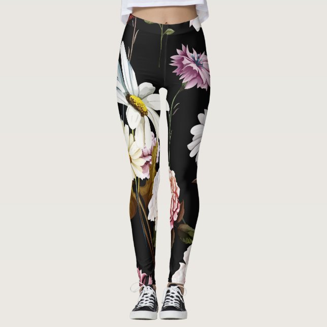 Carnation, kamomill, svart mönster. leggings (Framsida)