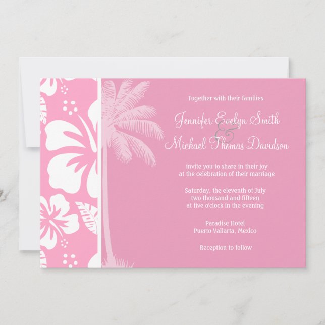 Carnation Rosa Tropical Hibiscus; Summer Handflata Inbjudningar (Framsida)