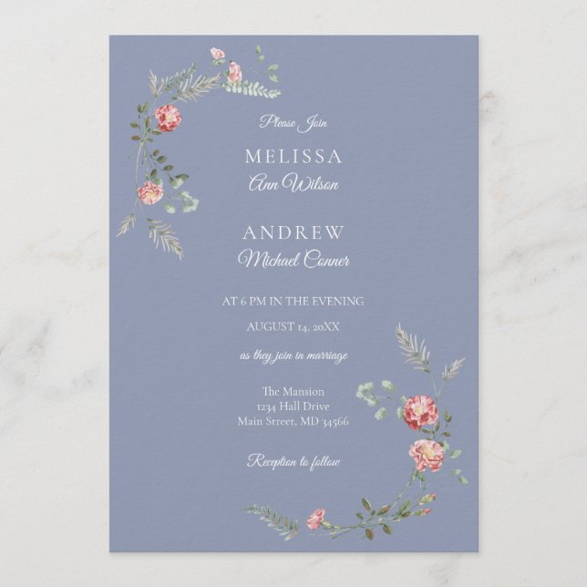Carnations and Blue Wedding Invitation Suite Inbjudningar (Framsida)