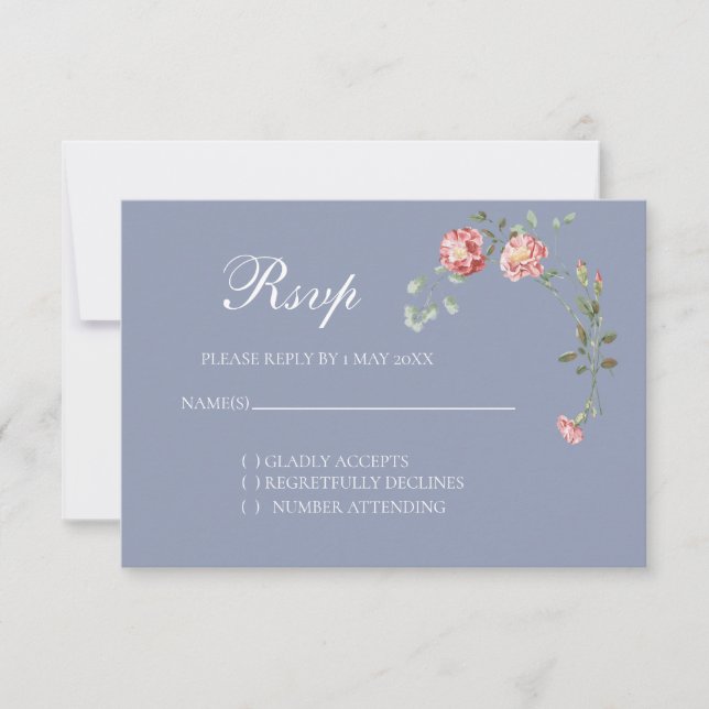 Carnations and  Blue Wedding RSVP card OSA Kort (Framsida)