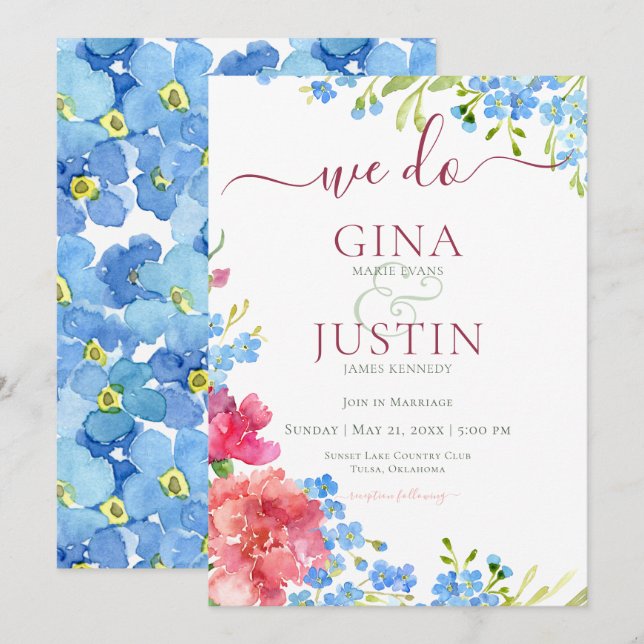 Carnations & Glöm mig inte bröllopsinbjudan. Inbjudningar (Fram/baksida)