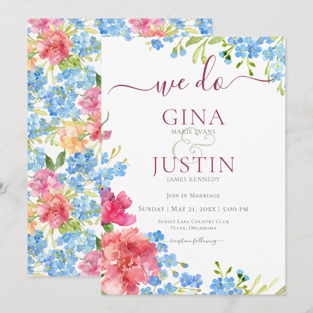 Carnations & Glöm mig inte bröllopsinbjudan. Inbjudningar (Fram/baksida)